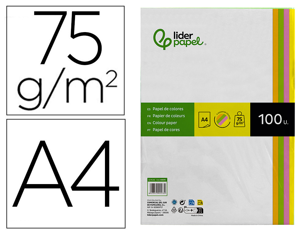 LIDERPAPEL - PAPEL COLOR A4 75G/M2 NEON 4 COLORES SURTIDOS PAQUETE DE 100 (Ref.PC45)