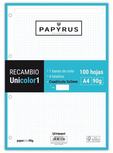 PAPYRUS - RECAMBIO UNICOLOR1 A4 100h 90g MULTITALADRO CUAD.5x5 TURQUESA (Ref.53392236)