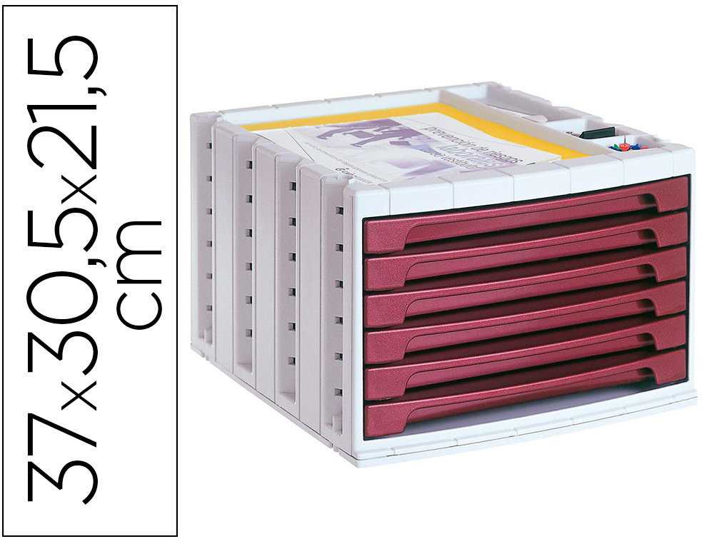Q-CONNECT - FICHERO CAJONES DE SOBREMESA 37X30,5X21,5 CM BANDEJA ORGANIZADORA SUPERIOR 6 CAJONES BURDEOS OPACO (Ref.KF18433)