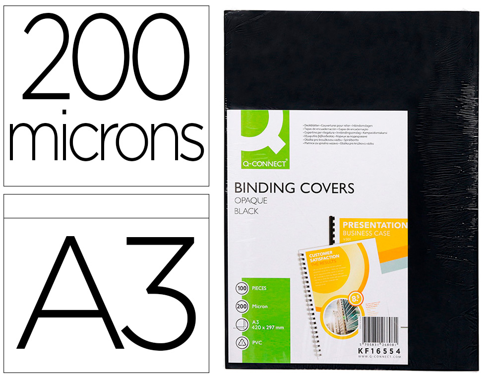 Q-CONNECT - TAPA DE ENCUADERNACION PVC DIN A3 OPACA NEGRA 200 MC CAJA DE 100 UNIDADES (Ref.KF16554)