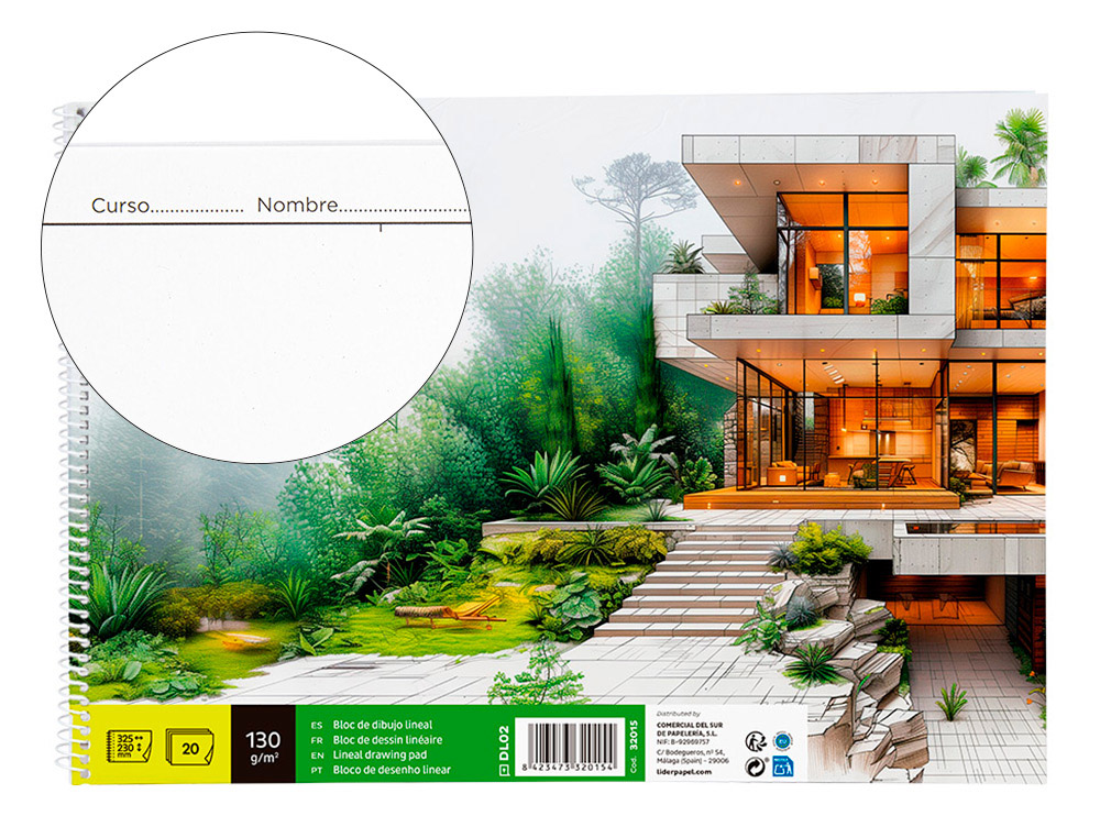 LIDERPAPEL - BLOC DIBUJO LINEAL ESPIRAL 230X325MM 20 HOJAS 130G/M2 CON RECUADRO (Ref.DL02)