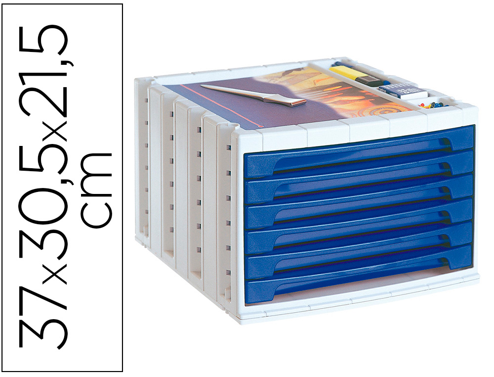Q-CONNECT - FICHERO CAJONES DE SOBREMESA 37X30,5X21,5 CM BANDEJA ORGANIZADORA SUPERIOR 6 CAJONES AZUL OPACO (Ref.KF18431)