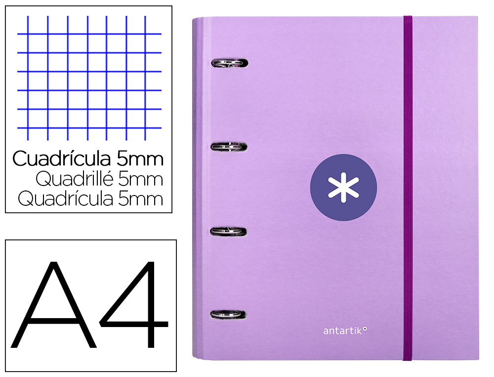 ANTARTIK - Carpeta con recambio y solapa liderpapel A4 cuadro 5mm forrada 4 anillas redondas 40mm color lavanda (Ref. AW58)