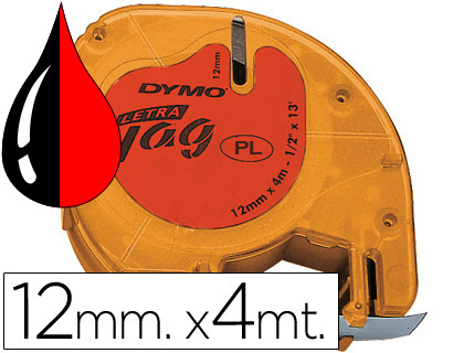 DYMO - Letratag cintas 91203 12 mm x 4 m Negro/Rojo Casetes intercambiables. (Ref.S0721630)