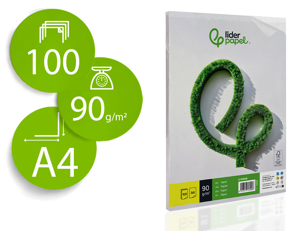 LIDERPAPEL - PAPEL A4 90G/M2 PAQUETE DE 100 BLANCO (Ref.PA06)