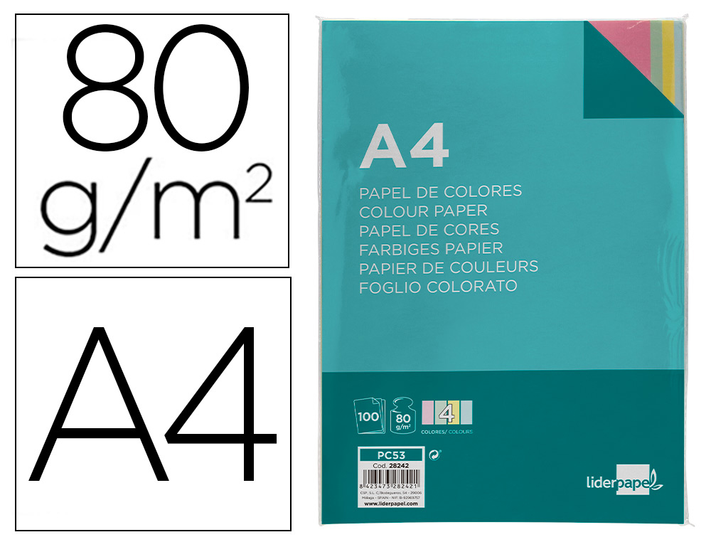 LIDERPAPEL - PAPEL COLOR A4 80G/M2 4 COLORES SURTIDOS PAQUETE DE 100 (Ref.PC53)