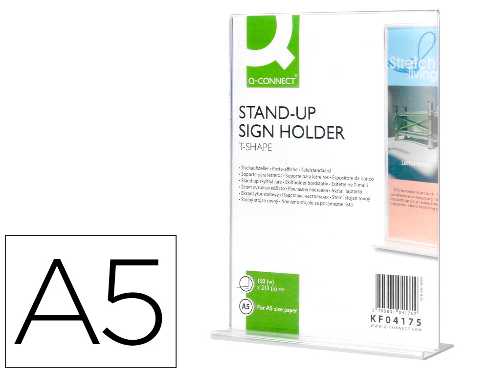 Q-CONNECT - EXPOSITOR SOBREMESA CON FORMA DE T METACRILATO TAMAÑO A5 A DOS CARAS (Ref.KF04175)