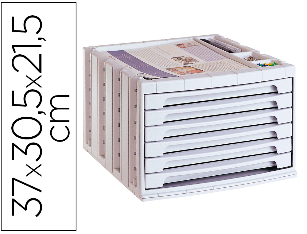 Q-CONNECT - FICHERO CAJONES DE SOBREMESA 37X30,5X21,5 CM BANDEJA ORGANIZADORA SUPERIOR 6 CAJONES GRIS OPACO (Ref.KF18434)