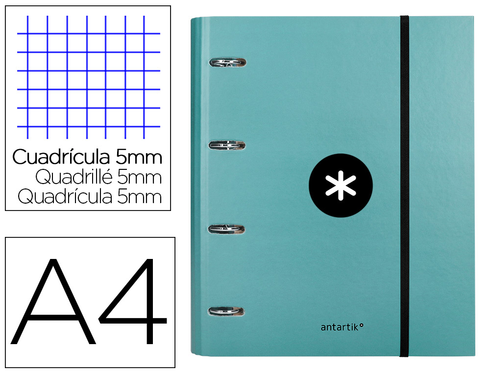 ANTARTIK - Carpeta con recambio y solapa liderpapel A4 cuadro 5mm forrada 4 anillas redondas 40mm color menta (Ref. AW56)