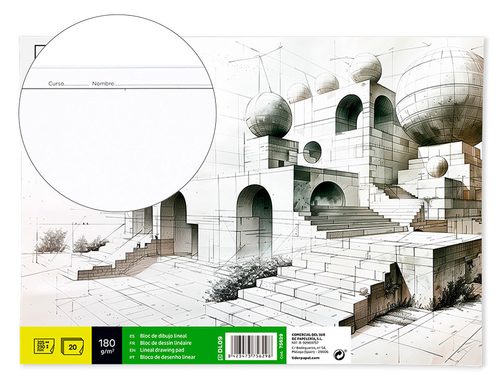 LIDERPAPEL - BLOC DIBUJO LINEAL ENCOLADO 230X325MM 20 HOJAS 180 G/M2 CON RECUADRO (Ref.DL09)
