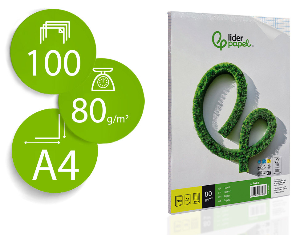 LIDERPAPEL - PAPEL A4 80G/M2 PAQUETE DE 100 SIN TALADROS CUADRO 4MM (Ref.PA03)