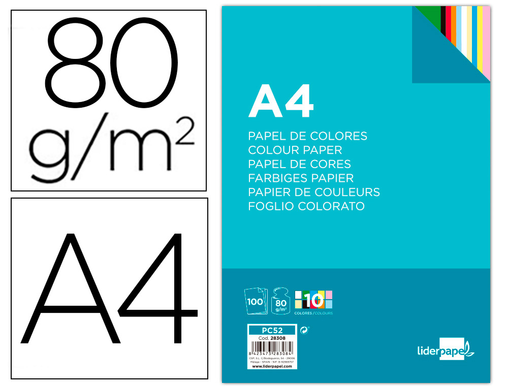 LIDERPAPEL - PAPEL COLOR A4 80G/M2 10 COLORES SURTIDOS PAQUETE DE 100 (Ref.PC52)