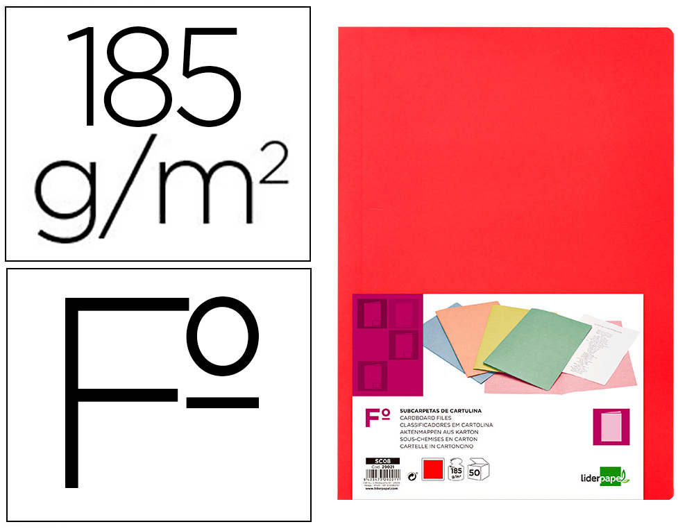 LIDERPAPEL - SUBCARPETA FOLIO ROJO INTENSO 185G/M2 (Ref.SC08)