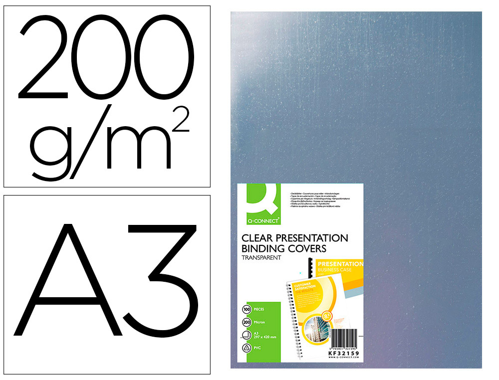 Q-CONNECT - TAPA DE ENCUADERNACION PVC DIN A3 INCOLORA 200 MC CAJA DE 100 UNIDADES (Ref.KF32159)