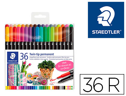 STAEDTLER - Rotulador permanente doble punta 3187 estuche de 36 unidades colores surtidos (Ref. 3187 TB36)