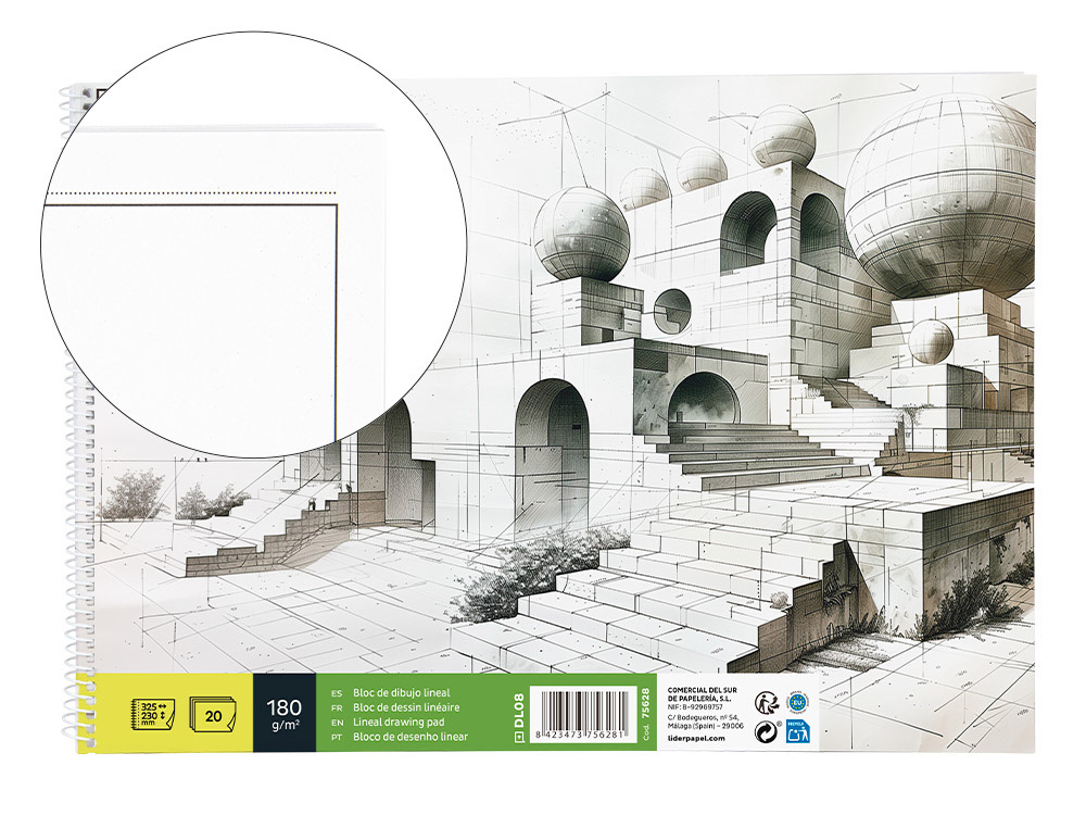 LIDERPAPEL - BLOC DIBUJO LINEAL ESPIRAL 230X325MM 20 HOJAS 180 G/M2 CON RECUADRO (Ref.DL08)