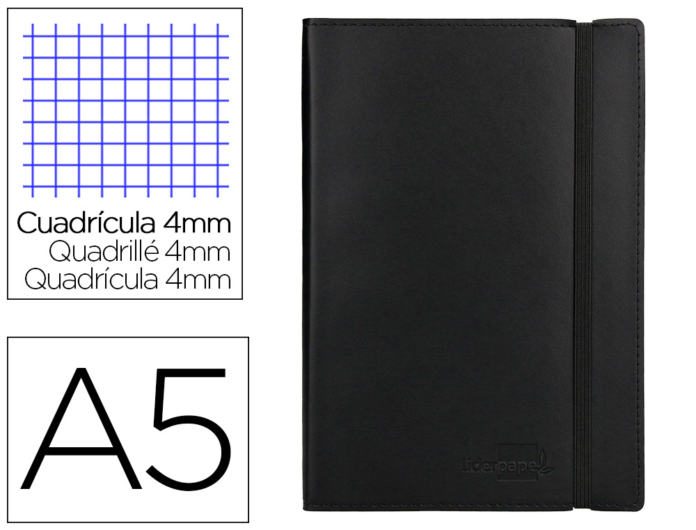 LIDERPAPEL - LIBRETA SIMIL PIEL A5 120 HOJAS 70G/M2 CUADRO 4MM SIN MARGEN NEGRO (Ref.LB40)
