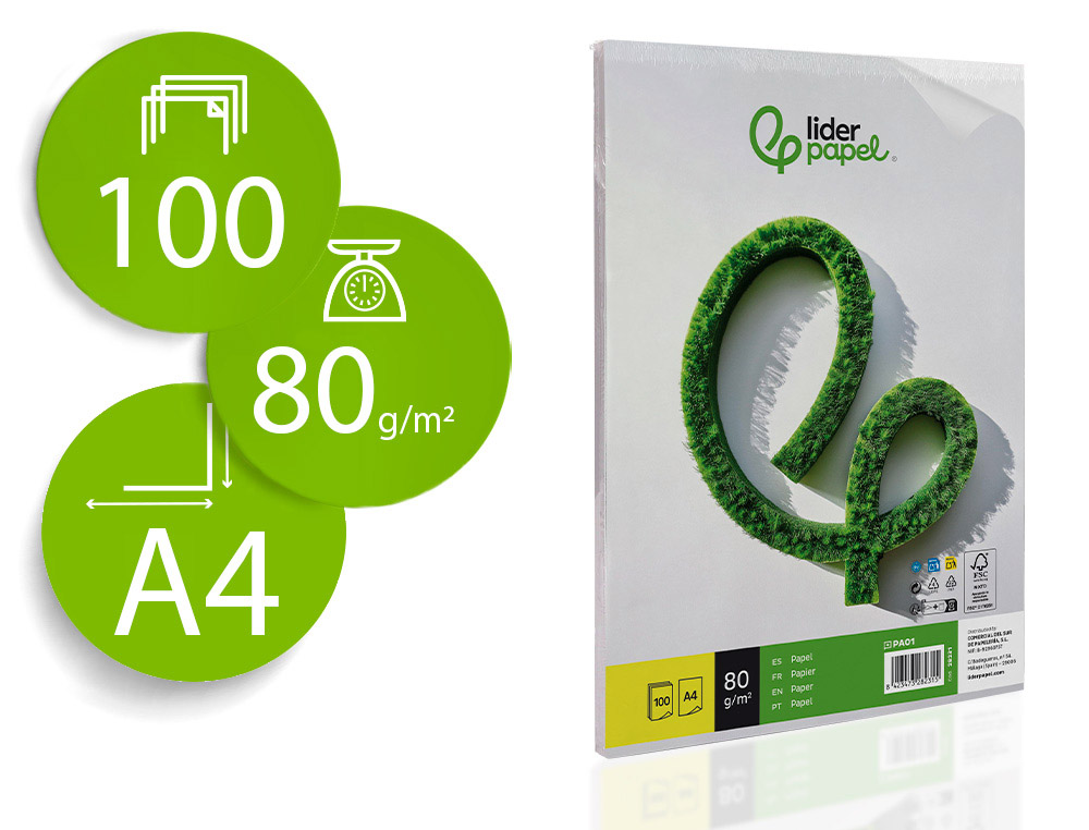 LIDERPAPEL - PAPEL A4 80G/M2 PAQUETE DE 100 BLANCO (Ref.PA01)