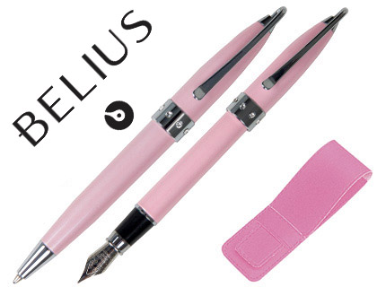 BELIUS - JUEGO DE BOLIGRAFO Y PLUMA BRENA ROSA LACADO CON CRISTAL EN LA ANILLA CENTRAL EN ESTUCHE (Ref.BB176)