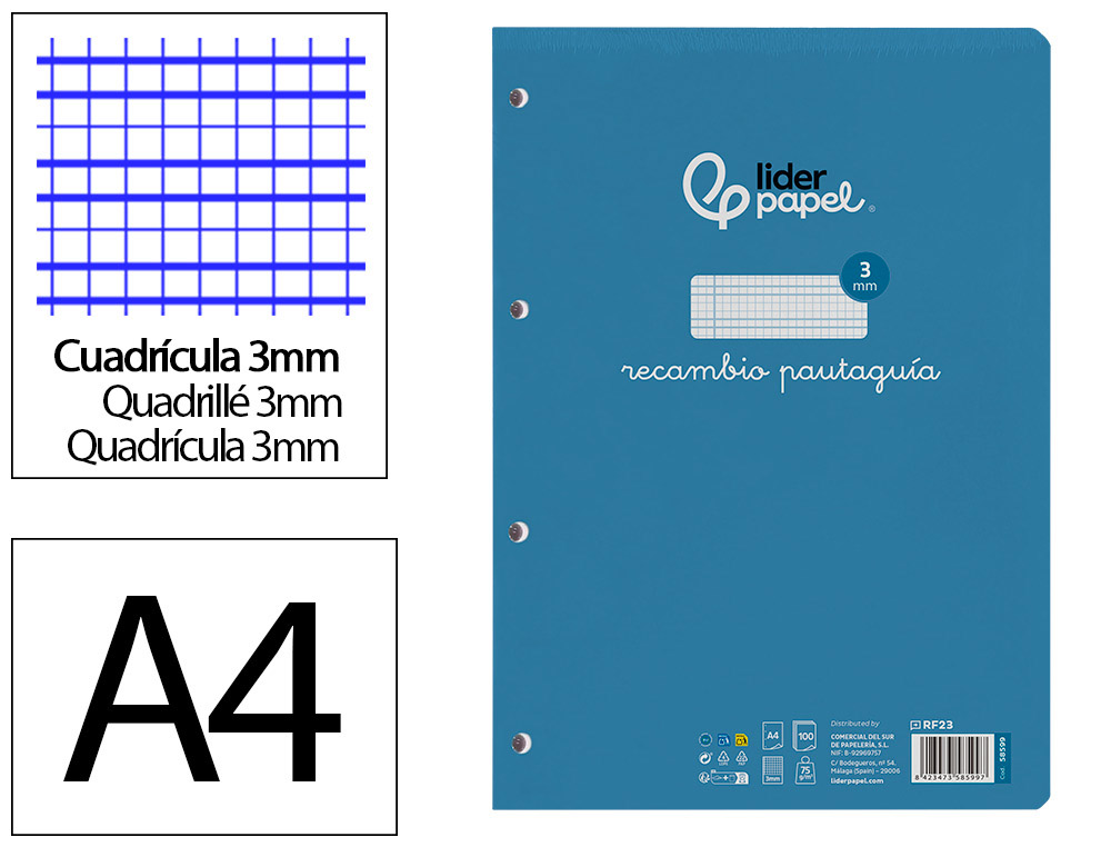 LIDERPAPEL - RECAMBIO FOLIO PAUTAGUIA 100 HOJAS 80 G CUADRICULADO PAUTADO 3 MM CON MARGEN 4 TALADROS (Ref.RF23)