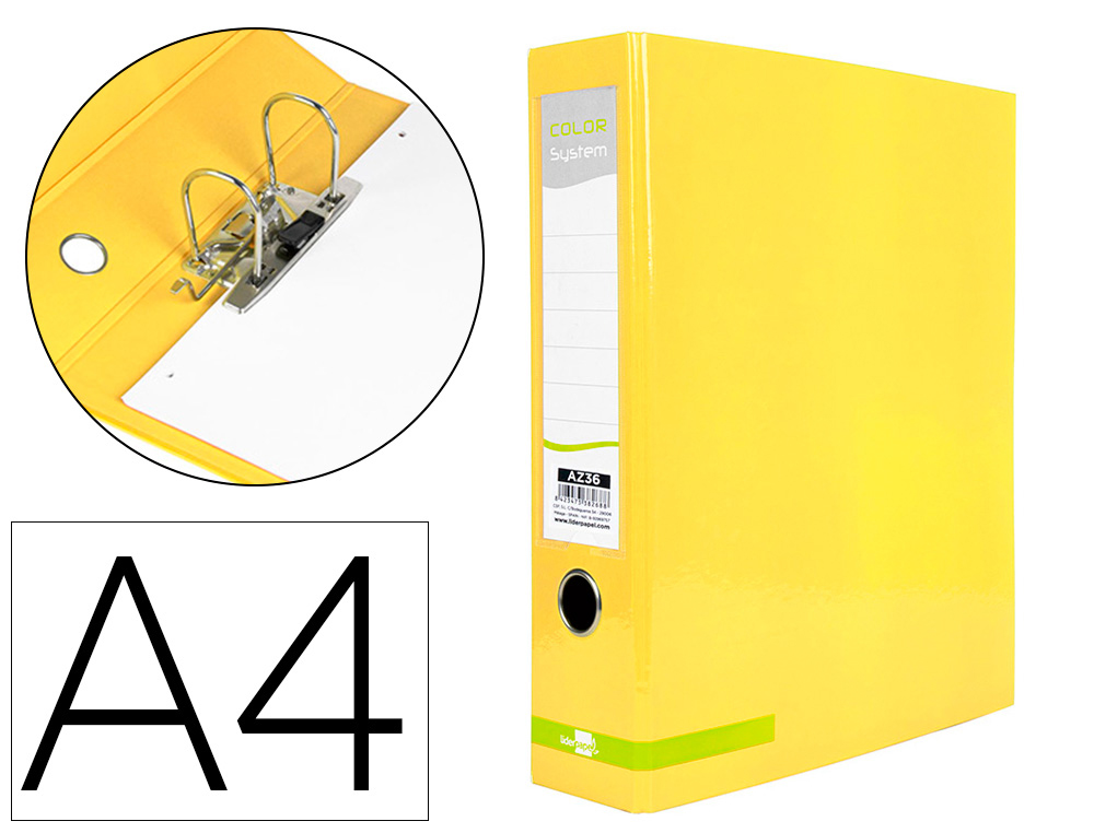 LIDERPAPEL - ARCHIVADOR DE PALANCA A4 COLOR SYSTEM FORRADO SIN RADO LOMO 80MM AMARILLO COMPRESOR METALICO (Ref.AZ36)