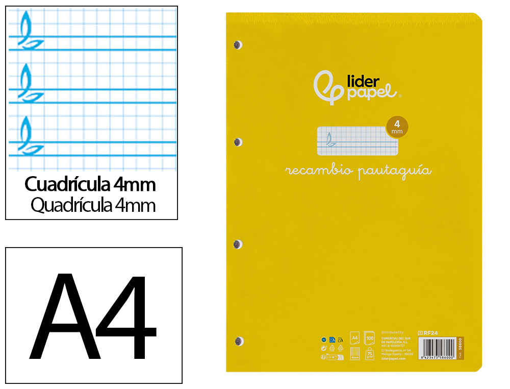 LIDERPAPEL - RECAMBIO FOLIO PAUTAGUIA 100 HOJAS 80 G CUADRICULADO PAUTADO 4 MM CON MARGEN 4 TALADROS (Ref.RF24)
