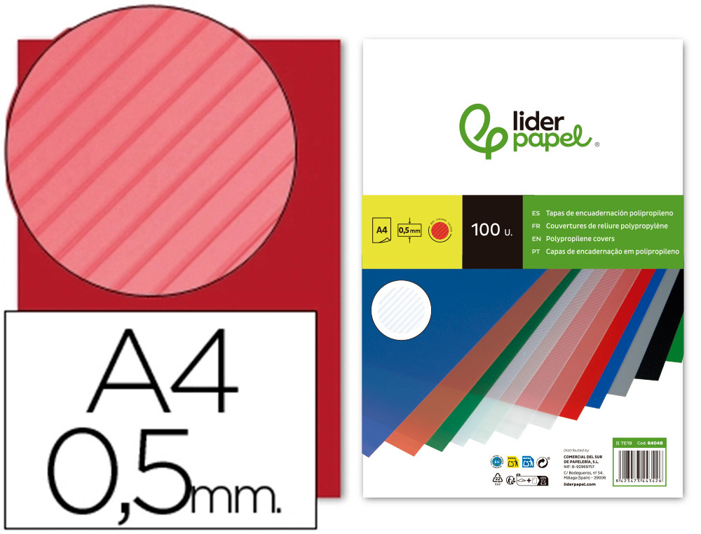 LIDERPAPEL - TAPA ENCUADERNACION POLIPROPILENO RAYADO A4 0.5MM ROJO PAQUETE DE 100 UNIDADES (Ref.TE19)