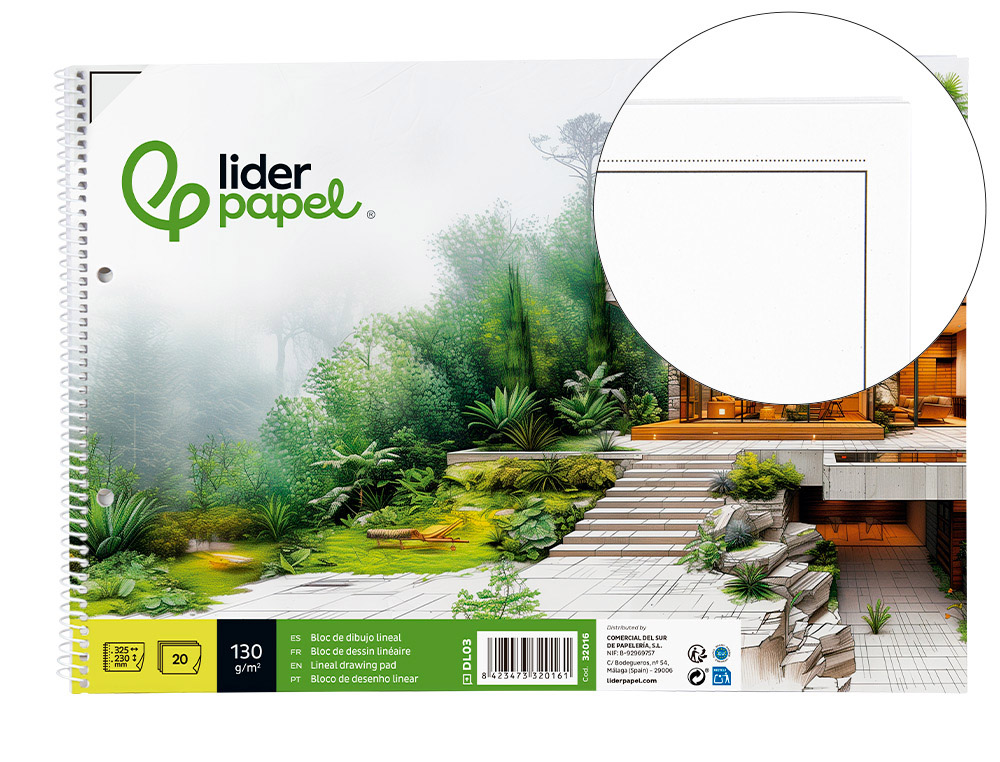 LIDERPAPEL - BLOC DIBUJO LINEAL ESPIRAL 230X325MM 20 HOJAS 130G/M2 CON RECUADRO 2 TALADROS (Ref.DL03)