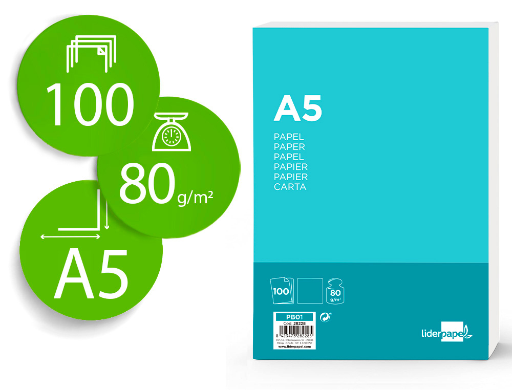 LIDERPAPEL - PAPEL A5 80G/M2 PAQUETE DE 100 BLANCO (Ref.PB01)