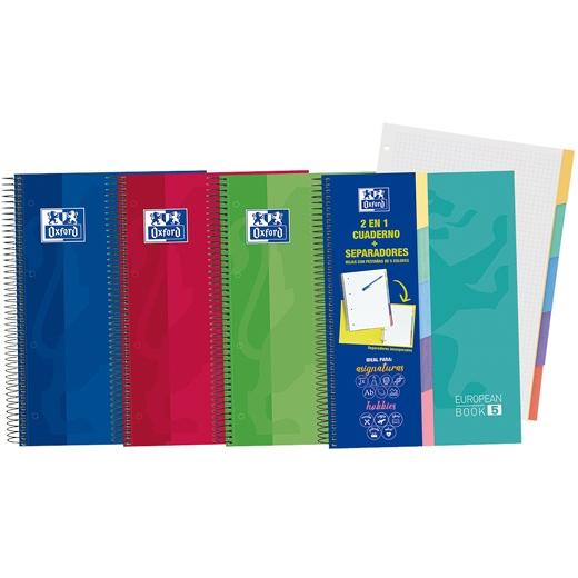 OXFORD - BLOCK SCHOOL EU.BOOK 5 SEPARADORES micro.tapa EXTRA A4+ 100h CUADRIC.5x5 90g SURTIDO (Ref.400135621)