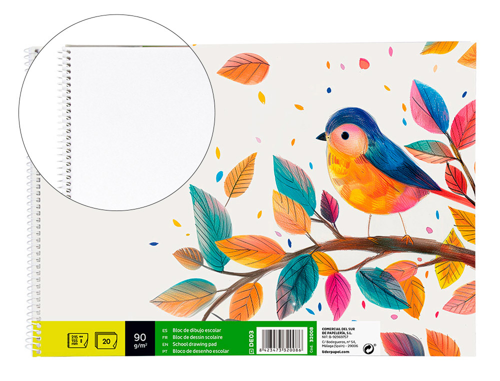 LIDERPAPEL - BLOC DIBUJO ESCOLAR ESPIRAL 155X215MM 20 HOJAS 90G/M2 SIN RECUADRO (Ref.DE03)
