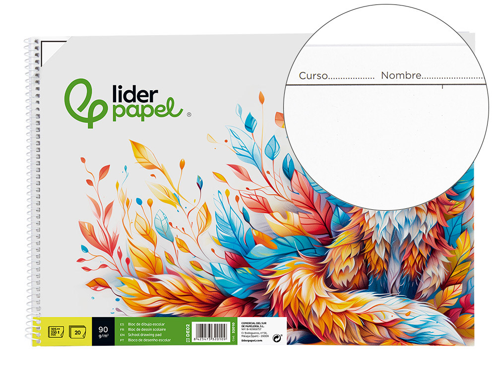 LIDERPAPEL - BLOC DIBUJO ESCOLAR ESPIRAL 230X325MM 20 HOJAS 90G M2 CON RECUADRO (Ref.DE02)