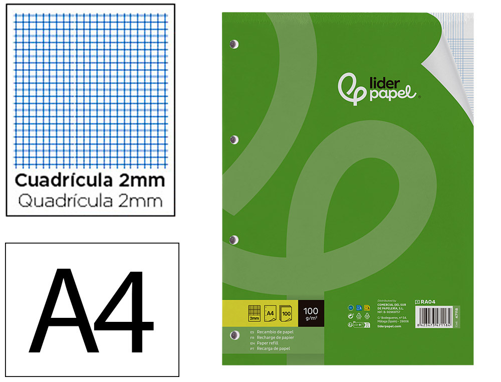 LIDERPAPEL - RECAMBIO A4 100 HOJAS 100G/M2 CUADRO 2MM CON MARGEN 4 TALADROS (Ref.RA04)