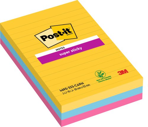 POST-IT - BLOC DE NOTAS ADHESIVAS QUITA Y PON SUPER STICKY 101X152 MM CON 90 HOJAS RAYADO PACK DE 3 BLOC COLORES (Ref.4690-SS3RIO-EU)