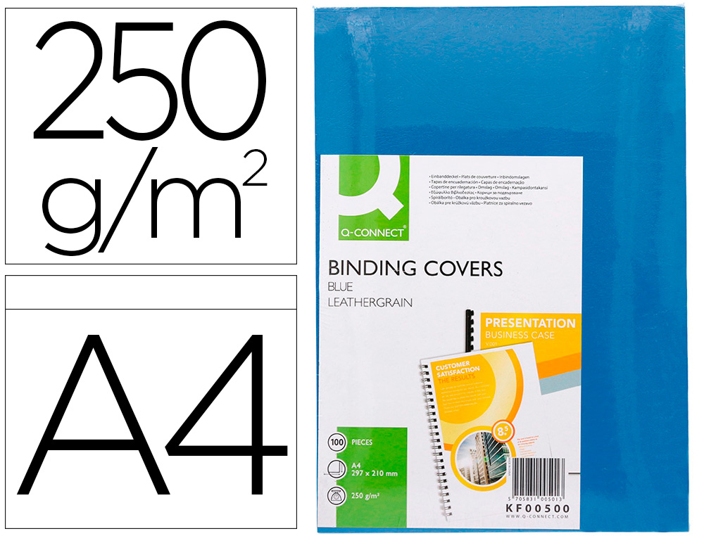 Q-CONNECT - TAPA DE ENCUADERNACION Cartón DIN A4 AZUL SIMIL PIEL 250 GR CAJA DE 100 UNIDADES (Ref.KF00500)