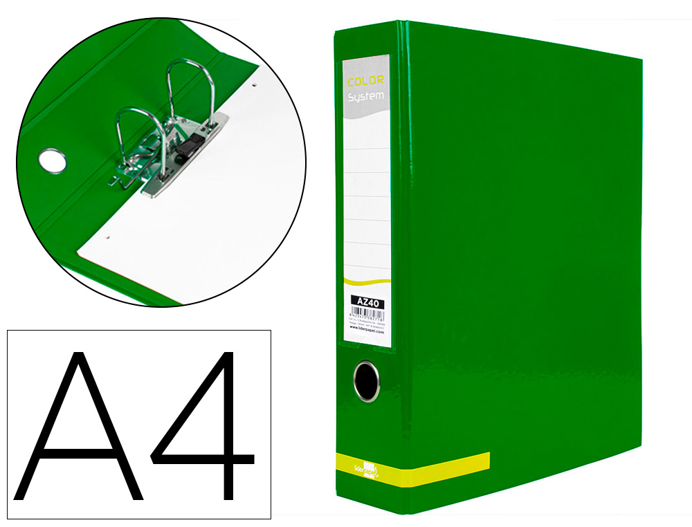 LIDERPAPEL - ARCHIVADOR DE PALANCA A4 COLOR SYSTEM FORRADO SIN RADO LOMO 80MM VERDE COMPRESOR METALICO (Ref.AZ40)