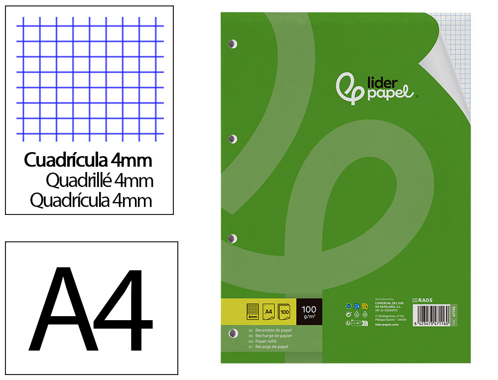 LIDERPAPEL - RECAMBIO A4 100 HOJAS 100G/M2 CUADRO 4MM CON MARGEN 4 TALADROS (Ref.RA05)