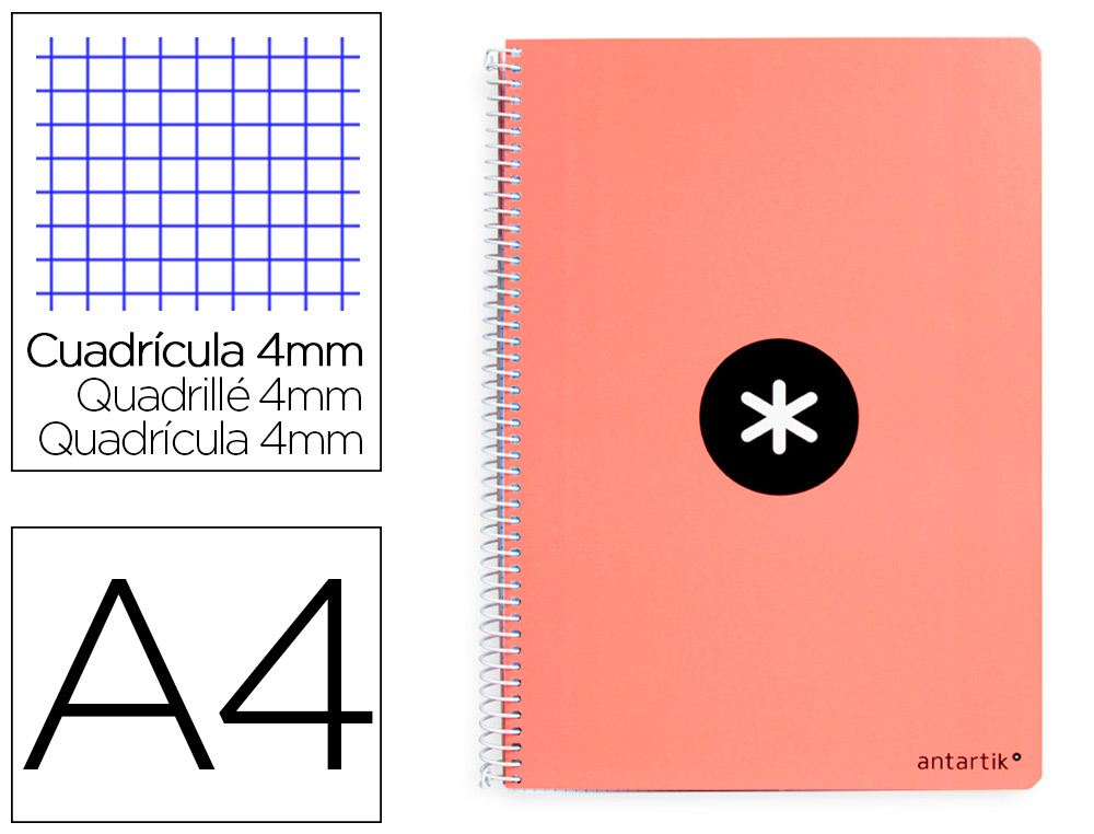 ANTARTIK - Cuaderno espiral liderpapel A4 tapa dura 80h 100gr cuadro 4mm con margen color coral (Ref. KB09)