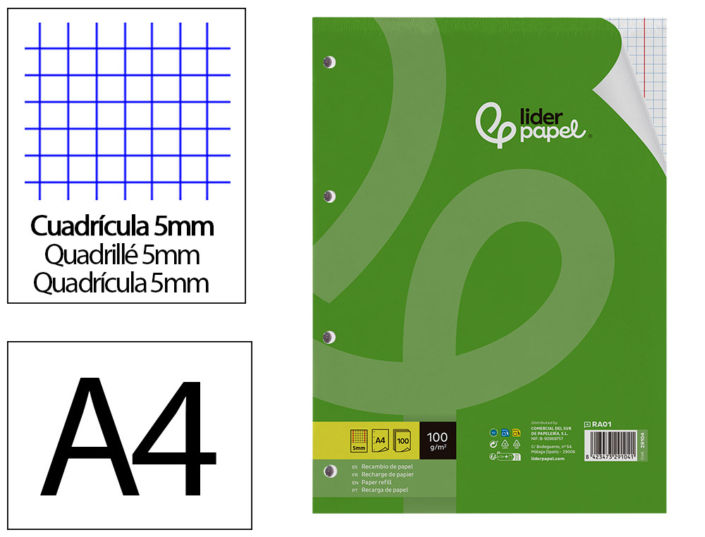 LIDERPAPEL - RECAMBIO A4 100 HOJAS 100G/M2 CUADRO 5MM CON MARGEN 4 TALADROS (Ref.RA01)