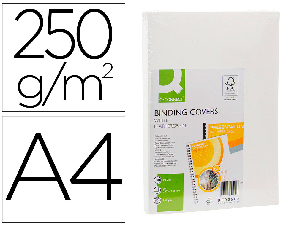 Q-CONNECT - TAPA DE ENCUADERNACION Cartón DIN A4 BLANCO SIMIL PIEL CAJA DE 100 UNIDADES (Ref.KF00502)