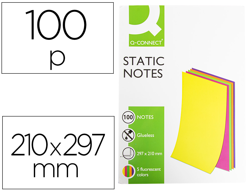 Q-CONNECT - Bloc de notas electrostaticas quita y pon 210x297 mm 100 hojas 5 colores fluorescentes (Ref. KF14525)