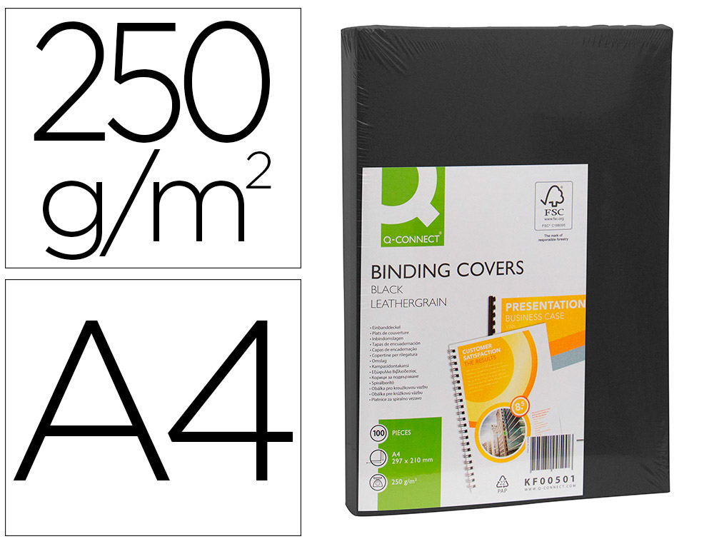 Q-CONNECT - TAPA DE ENCUADERNACION Cartón DIN A4 NEGRO SIMIL PIEL 250 GR CAJA DE 100 UNIDADES (Ref.KF00501)