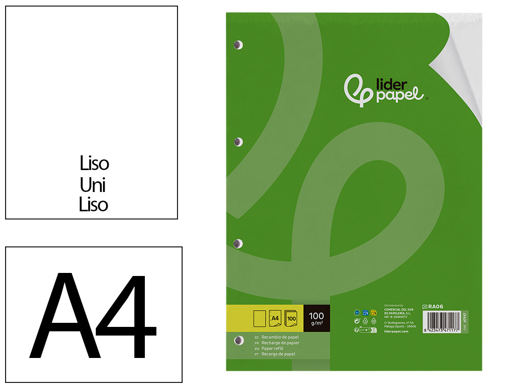 LIDERPAPEL - RECAMBIO A4 100 HOJAS 100G/M2 LISO SIN MARGEN 4 TALADROS (Ref.RA06)