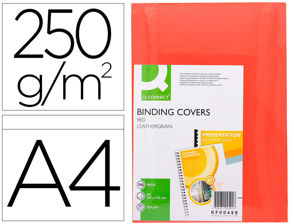 Q-CONNECT - TAPA DE ENCUADERNACION Cartón DIN A4 ROJO SIMIL PIEL 250 GR CAJA DE 100 UNIDADES (Ref.KF00499)