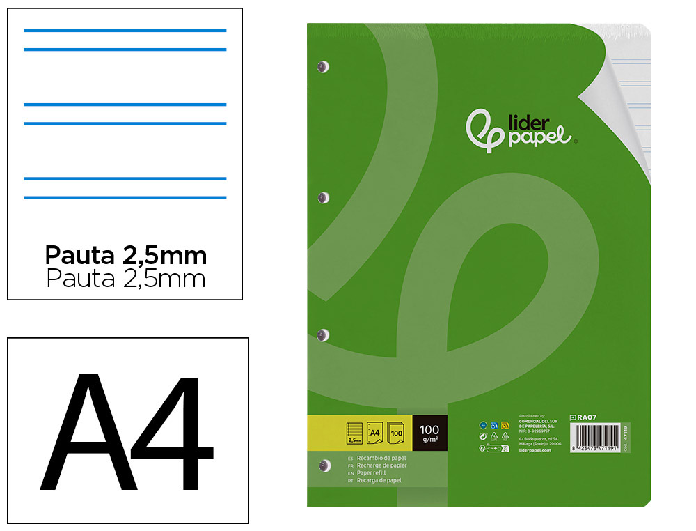 LIDERPAPEL - RECAMBIO A4 100 HOJAS 100G/M2 PAUTA 5ª 2.5MM CON MARGEN 4 TALADROS (Ref.RA07)