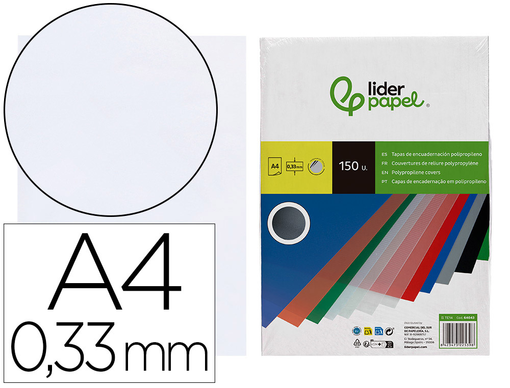 LIDERPAPEL - TAPA ENCUADERNACION POLIPROPILENO A4 0.33MM TRANSPARENTE PAQUETE DE 150 UNIDADES (Ref.TE14)