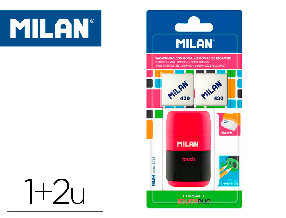 MILAN - Sacapuntas/Afilalapices compact touch duo plastico 2 usos con goma + 2 recambios de goma en blister (Ref. BYM10272)