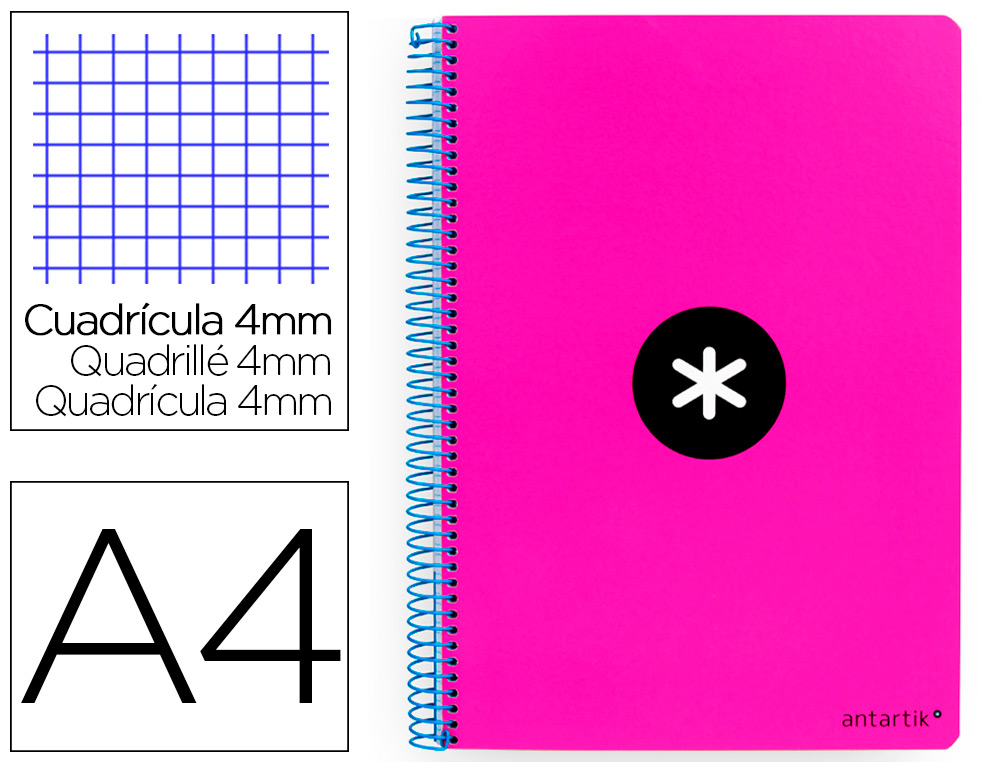 ANTARTIK - Cuaderno espiral liderpapel A4 tapa dura 80h 100gr cuadro 4mm con margen color rosa fluor (Ref. KB15)