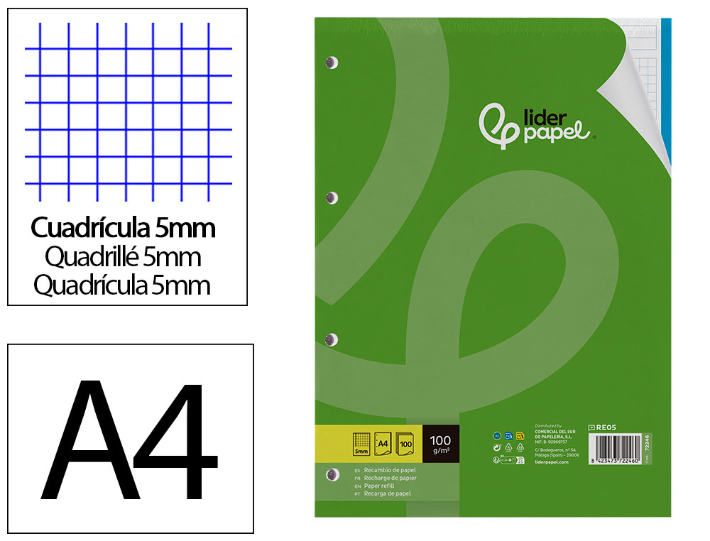 LIDERPAPEL - RECAMBIO A4 100 HOJAS 100 G/M2 CUADRO 5 MM 4 TALADROS BANDAS DE 5 COLORES (Ref.RE05)