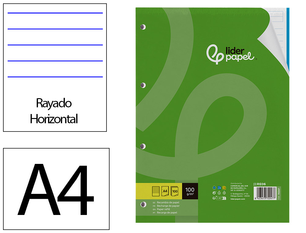 LIDERPAPEL - RECAMBIO A4 100 HOJAS 100 G/M2 RAYADO HORIZONTAL 4 TALADROS BANDAS DE 5 COLORES (Ref.RE06)
